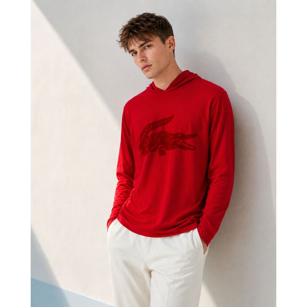 Lacoste Sleepwear XL Red Cotton Modal Hooded Lounge Top Big Crocodile Logo